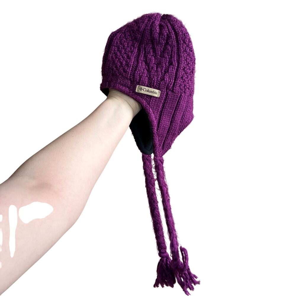 Columbia purple ear flap beanie one size winter cap warm hat y2k ribbed